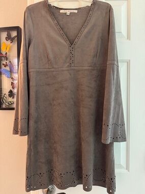 Max Studio Taupe Faux-Suede V-Neck Long Sleeve Dress with Cutouts